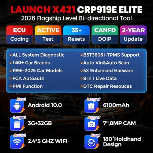 Launch X431 CRP919E 2026 Scan Tool,OBD2 Scanner with ECU Coding, 35+ Resets | Bidirectional, CRP919EBT, Code Reader, Full System, Active Test, CANFD DOIP, FCA Autoauth, TPMS &BST360, 2-Year Free Update