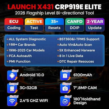 Launch X431 CRP919E 2026 Scan Tool,OBD2 Scanner with ECU Coding, 35+ Resets | Bidirectional, CRP919EBT, Code Reader, Full System, Active Test, CANFD DOIP, FCA Autoauth, TPMS &BST360, 2-Year Free Update