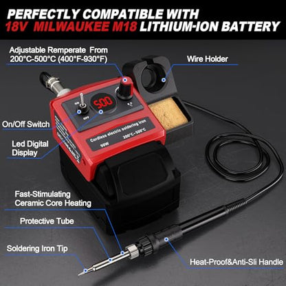 Taingwei Cordless Soldering Iron Kit for Milwaukee M18 18v Battery,90W LED Digital Solder Iron Soldering Gun with 5pcs Tips,0.04” Solder Wire for any Hobby Enthusiast (Battery not included) - style: For Milwaukee Battery