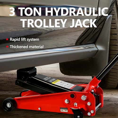 3T Low Profile Steel Floor Jack, 6000 lb, Single Pump, 5.1"-20" Lift, Red | Heavy-duty steel construction. Single piston quick lift pump. Low profile design. Safety overload protection. - size: 3T Single Pump 5.1"-20"(Red)