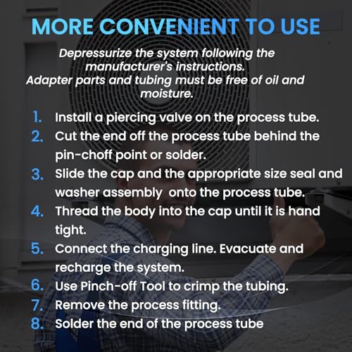 12458 HVAC Process Tube Adapter Kit for 3/16", 1/4", 5/16", 3/8" Copper Tubing, Leak-Free Charging Line Connector, A/C Refrigeration Service Tool with Storage Case