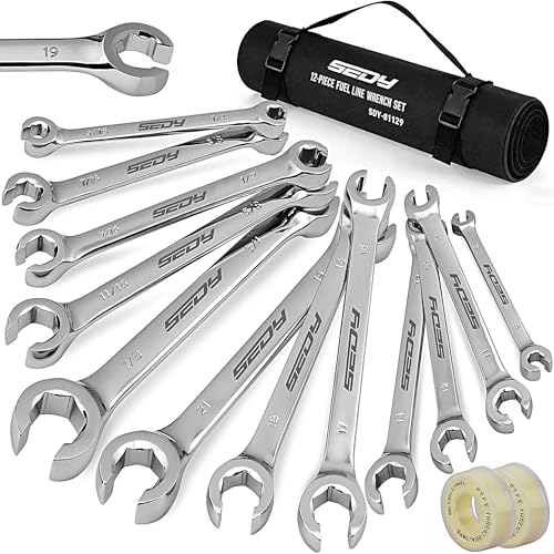 SEDY 14-Piece Flare Nut Wrench Set with PTFE Tape, Metric & SAE Brake Line Wrench Offset 1/4"-7/8"& 9-21mm Set Double Open End with Organizer Pouch for Repairing and Removing Nuts - style: 14-Pc MM/SAE + 2 Tape (Flare)
