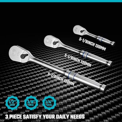 DURATECH 3-Piece Ratchet Set, 1/4", 3/8", 1/2" Drive | 90-Tooth, Dirt Resistance, Chrome Alloy, Fully Polished, Storage Case - style: Low Profile
