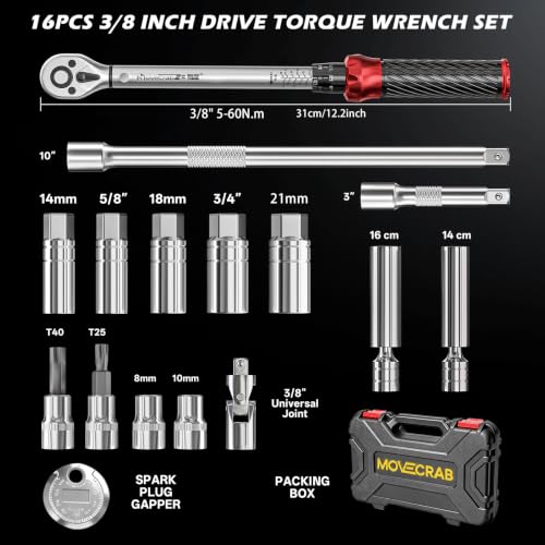 3/8" Click Torque Wrench Set, 5-45 Ft-lb with Spark Plug Socket | ±3% Accuracyn, Auto Repair, Quick Release, Audible Click, Reversible, Calibration Certificate Included, DIY, Dual Range - size: 16pcs spark plug torque wrench set