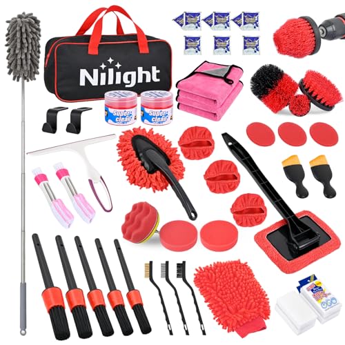 Nilight 52PCS Car Detailing Kit Auto Cleaning Tools Wash Set with Storage Carry Bag Home Use for Interior Exterior Deep Clean Polish Car Care Windshield Dashboard Seat Air Vents Wheels Tires, Red - color: 52PCS Set, Red