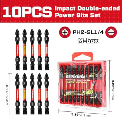 Geinxurn 10Pcs SL1/4-PH2 Impact Double End Screwdriver Bit Set, 2.56 in. #2 Phillips/Power Driver Bits, Magnetic S2 Steel Two Sides Screwdriver Bits Set with Storage M-Box - style: 2.56"-PH2/SL1/4-10PC