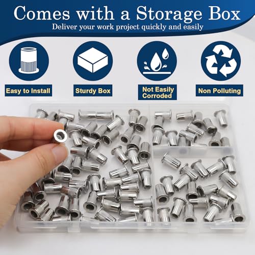 10-24 UNC Rivet Nut, 95Pcs 304 Stainless Steel Flat Head Rivnut Threaded Insert Nutsert - color: Silver, size: SAE #10-24 - 95 Pcs