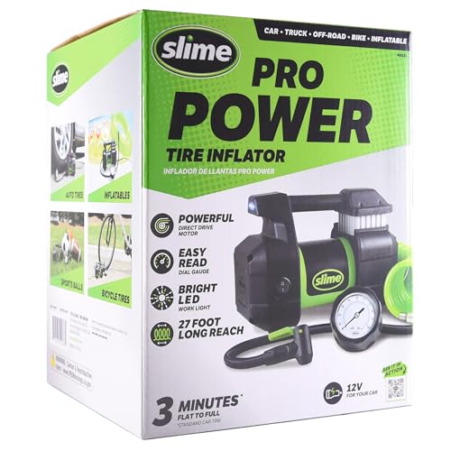 Slime 40031 Tire Inflator, Portable Car, SUV, 4x4 Air Compressor, Pro Power, Heavy Duty, with Analog 150 psi Dial Gauge, Long Hose and LED Light, 12V, 3 min inflation - style: Pro Power Analog