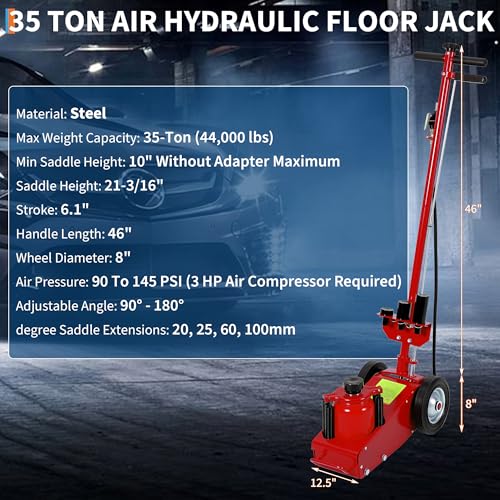 GarveeTech 35 Ton Air Hydraulic Floor Jack for Heavy Duty Trucks & Tractors – Low Profile (10"-21.19"), 4 Adapters, 46" Adjustable Handle – 77,000 Lbs Capacity - color: 35 Ton Red
