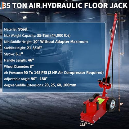 GarveeTech 35 Ton Air Hydraulic Floor Jack for Heavy Duty Trucks & Tractors – Low Profile (10"-21.19"), 4 Adapters, 46" Adjustable Handle – 77,000 Lbs Capacity - color: 35 Ton Red