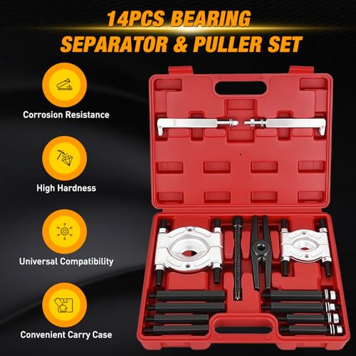 GOOACC 14pcs Bearing Puller Kit, 5 Ton Capacity Bearing Separator with 2" and 3" Jaws, Wheel Bearing Removal and Hub Axle Puller Set, Heavy Duty Gear Splitter Tool Kit, Pinion Pullers with Case, Red - color: 14pc Bearing Puller Red