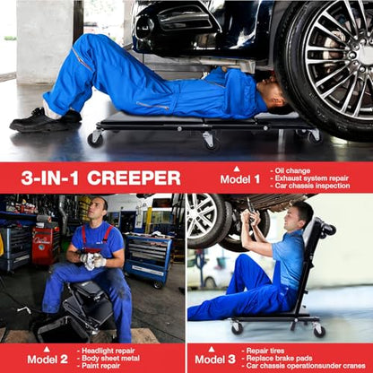 Mechanic Creeper 36 inches 3-in-1 Mode Z Seat 340lbs Capacity, Foldable Garage Adjustable Rolling Folding with 6pcs Wheels Roller, Lay Down Sit Lean Back, Under Car Auto Repair, Black, Man Gift - color: Black