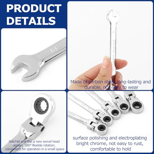 5pcs Flex Head Ratcheting Wrench Set, Metric 6-10mm Spanner Gear Ring Ratcheting Combination Wrenches Kit, 180° Head, 72 Tooth, Box End and Open End Wrench for Tight Spaces(Silver)
