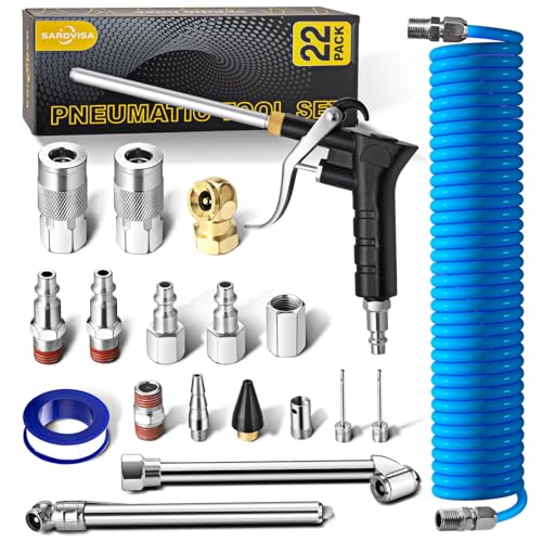 SARDVISA 22-Packs Air Compressor Accessories Kit, 25FT Upgrade Repairable PU Air Hose with 1/4'' NPT Air Tool Kit, Air Blow Gun/Air Chuck/Tire Gauge, Pneumatic Tool Set