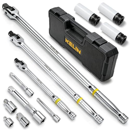 KELIN 12PCS Breaker Bar Set, 3/8", 1/2", 1/4" Drive Socket Wrench, 180°Rotatable Head, Heavy Duty Breaker Bars, Premium Chrome Alloy Made