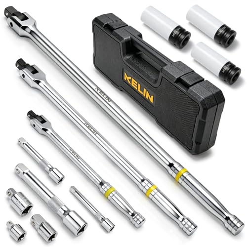 KELIN 12PCS Breaker Bar Set, 3/8", 1/2", 1/4" Drive Socket Wrench, 180°Rotatable Head, Heavy Duty Breaker Bars, Premium Chrome Alloy Made