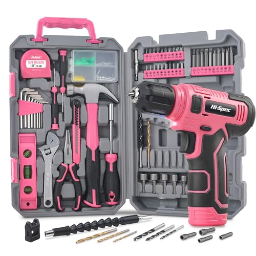 Hi-Spec Tool Set with 8V Drill Set Home DIY Repair & Maintenance, Pink | Cordless USB Electric Drill Driver, Hand Tool Kit for Women and Men, Complete Home DIY Tool Box, Gift, Home Setup help, Tidy - color: Pink, size: 70-Piece