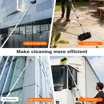 16FT Car Wash Brush with Long Handle, Car Cleaning Brush with 12" Soft Bristle and 12" Hard Bristle, 4-16Ft Telescopic Pole for Scratch-Free Cleaning Truck,RV, Boats,House Siding,Floors,Solar Panels - color: 16ft-orange