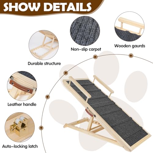 Dog Ramp for Couch, Bed or Car, Wooden 44" Long Pet Stairs for Small & Large Old Dogs & Cats, Hold up to 200lb, 5 Adjustable Height from 14.96" to 22", Portable Doggie Steps, Excellent Traction - size: 44"L*15.74"W*14.96"~22.04"H