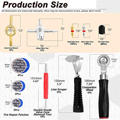 70Pcs Tire Patch Kit Heavy Duty, Tire Roller, Liner Scraper, Rubber Repair Patches, Valve Core Removal Tool with Tire Valve Caps, 4-Way Valve Tool and Valve Core Wrench