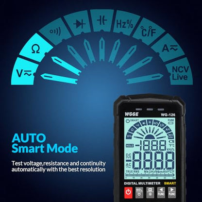 WGGE Digital Multimeter Voltmeter Smart Electrical Tester Measures Voltage Current Resistance Continuity Duty-Cycle Capacitance Temperature Frequency Auto Ranging 6000 Counts TRMS