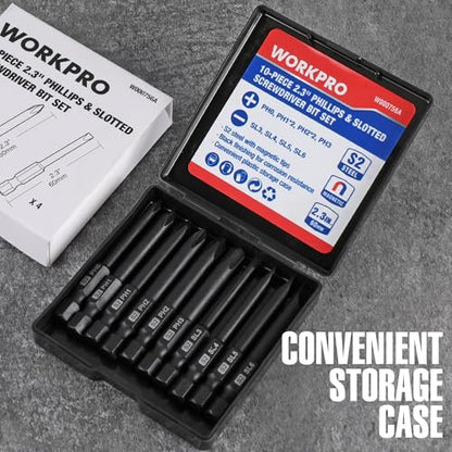 WORKPRO 10pcs Slotted Phillips Screwdriver Bit Set, CNC Machined S2 Steel Magnetic Screwdriver Bits Set, 1/4 Inch Hex Shank Driver Bits, 2.3 Inch Long Screwdriver Bits Set with Storage Box - color: Phillips&slotted
