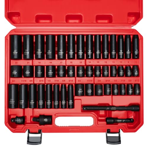 AMM 3/8" Drive Impact Socket Set, 48-Piece Standard SAE (5/16 to 3/4 inch) and Metric (8-22mm) Size, 3" and 6" Drive Extension Bar, Impact Universal Joint, 3/8" to 1/2" Impact Adaptor, CR-V - size: 3/8" Impact Socket Set