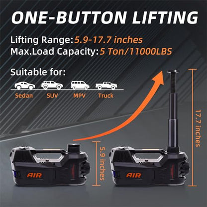STANDTALL Electric Car Jack 5 Ton 12V Hydraulic, Impact Wrench, Inflator | Fits Sedan SUV Truck, Lift Range 5.9-17.7in, 350 N·m Torque, 35L/min Air Pump, 150 PSI Gauge, Compact Case - color: Black Jack+Impact Wrench