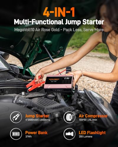 WOLFBOX 2000A Jump Starter with Air Compressor, 37Wh Car Battery Booster Jumper Starter Portable(up to 5L Gas Engine), 12V Jump Box Pack with 150PSI Tire Inflator, Jumper Cables, LED Light — Rose Gold - color: Rose Gold