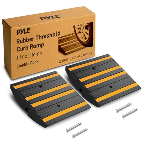 Pyle 1 Ft. Rubber Curb Ramp - Pack of 2 Heavy Duty Non-Slip Threshold Ramps for Driveways & Sidewalks, Yellow Reflective Strips, Marine Grade, Expansion Screws Included, 12.0’’x 16.0’’ x 2.6’’ Inches - color: Yellow, size: Pack of 2