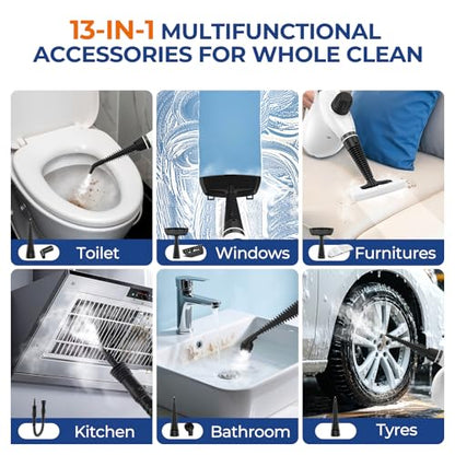 Steam Cleaner, Pressurized Handheld 13pcs Multi-Purpose Natural Deep Cleaning Steamer, Portable Steamer for Cleaning Home, Grout, Kitchen, Car, Window, Upholstery, Bathroom and Clothes, White - color: Black&White