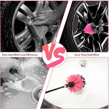 8 Pcs Drill Brush Attachment Set, Power Cleaning Scrub Brush Kit with Extend Long Attachment, All Purpose Drill Scrub Brushes for Car, Grout, Floor, Tub, Bathroom and Kitchen (Pink) - color: Pink