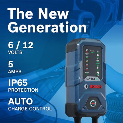 BOSCH C40-Li: 5A 6V/12V Next-Gen Battery Charger for Lead-Acid & Lithium | Including AGM, EFB, Gel & SLI - Smart Maintenance & Trickle Functionality with Advanced Safety Features