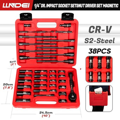 LLNDEI 1/4" Drive Socket Set & Nut Driver Set 38PCS,1/4-Inch Sockets Deep&Shallow SAE 5/32" to 9/16" with Ratchet, Hex Shank 6" Long Nut Drivers(1/4" to 9/16") for Drill Bits(PH1 PH2) - size: 38PCS SAE