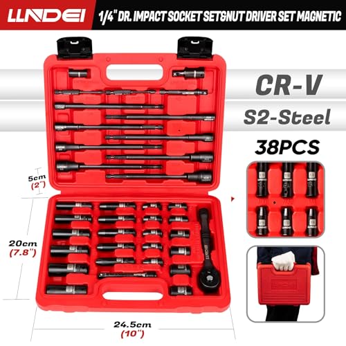 LLNDEI 1/4" Drive Socket Set & Nut Driver Set 38PCS,1/4-Inch Sockets Deep&Shallow SAE 5/32" to 9/16" with Ratchet, Hex Shank 6" Long Nut Drivers(1/4" to 9/16") for Drill Bits(PH1 PH2) - size: 38PCS SAE