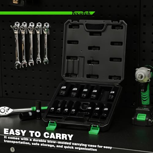 TecoTek 14PCS 1/2" Deep Drive Impact Socket Set, 6-Point, SAE (3/8" to 1-1/4"), CR-MO Steel, With a Storage Case - size: 0.375-1.250 inches (14 Pieces)