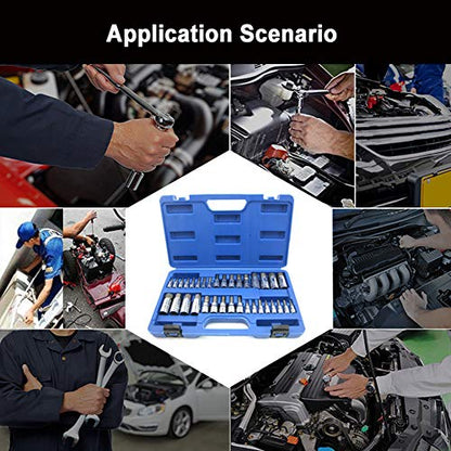 Master Hex Bit Socket Set S2 Steel Allen Sockets Bit SAE and Metric Torx Bit CRV Socket Tool Allen Wrench Bit Kit 1/2" 3/8" 1/4" Drive Automotive Bike Motorcycle and ATV 34 Pieces