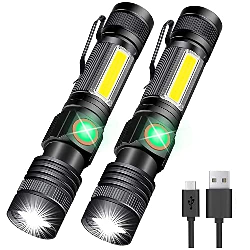 Hoxida Flashlight USB Rechargeable, Magnetic LED Flashlight, Super Bright LED Tactical Flashlight with Cob Sidelight, Waterproof, Zoomable Best Small LED Flashlight for Camping, Emergency Flashlights - color: 2pack Magnetic flashlight