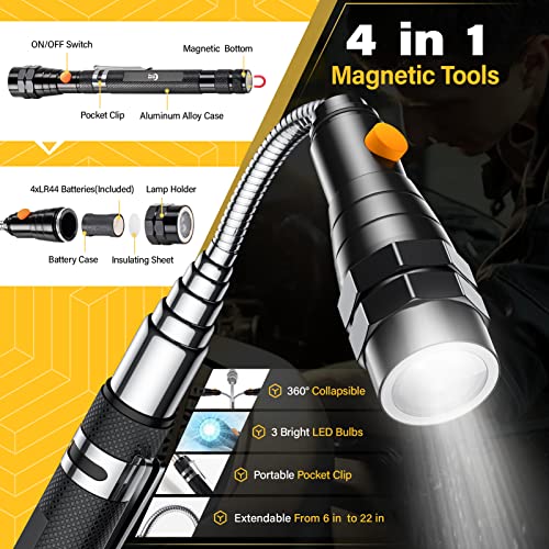 Magnetic Pickup Tool Set with 15lb & 1lb Pick Up Rod, Round & Square 360 Swivel Adjustable Inspection Mirror, Telescoping Flexible Flashlight, Dad Gifts, Birthday Gifts for Men Dad Husband - style: Black Magnetic Tool Set