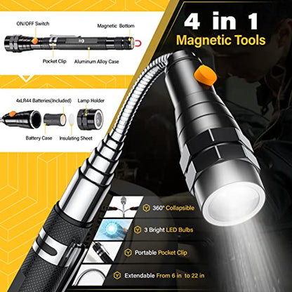 Magnetic Pickup Tool Set with 15lb & 1lb Pick Up Rod, Round & Square 360 Swivel Adjustable Inspection Mirror, Telescoping Flexible Flashlight, Dad Gifts, Birthday Gifts for Men Dad Husband - style: Black Magnetic Tool Set