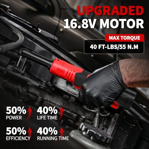 FULLYEA Electric Ratchet Wrench Set,40 Ft-lbs, 550 RPM, 16.8V Cordless Ratchet Wrench 3/8", Variable Speed Power Ratchet Tool Kit with 1/4" Adapter, LED Light, 2 * 2.0Ah Batteries and Fast Charger