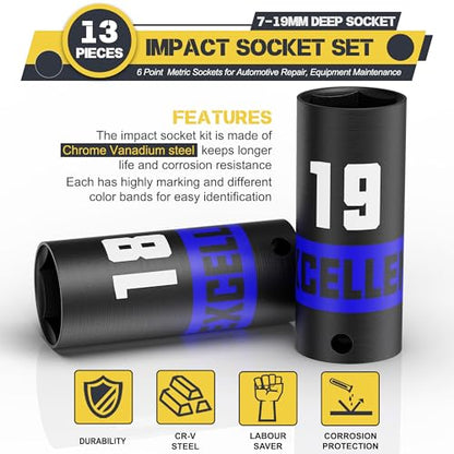 13 Pieces 3/8-Inch Drive Impact Socket Set, 7-19mm Deep Socket, 6 Point Metric Sockets for Automotive Repair, Equipment Maintenance - size: 3/8 Inch Metric Deep