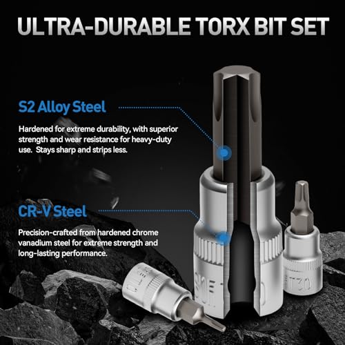 34-Piece 3/8'' Drive Torx Star Bit sockets CR-V E-Socket Set, E4-20, T10-60, Tamper Proof Set TT10-TT55, 5/16"F to 3/8"M adapter with Storage Case,S2 Steel, Ideal for Car,Trucks,Home Improvement | CR-V E-Socket Set, E4-20, T10-60, Tamper Proof Set TT10-TT