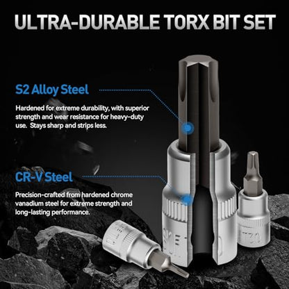 34-Piece 3/8'' Drive Torx Star Bit sockets CR-V E-Socket Set, E4-20, T10-60, Tamper Proof Set TT10-TT55, 5/16"F to 3/8"M adapter with Storage Case,S2 Steel, Ideal for Car,Trucks,Home Improvement | CR-V E-Socket Set, E4-20, T10-60, Tamper Proof Set TT10-TT