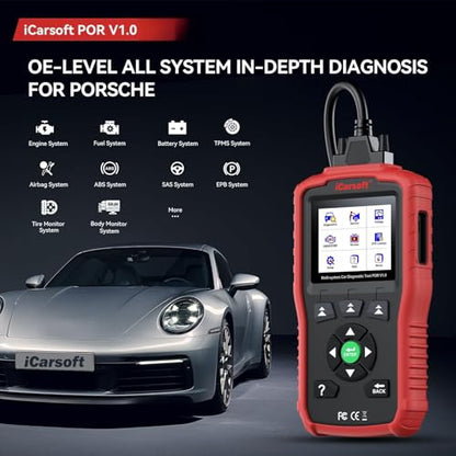 iCarsoft POR V1.0 for All System Diagnostic Tool Porsche 1996-2025 Oil/SAS Reset Battery Test 10 OBD2/EOBD Modes CAN FD Car Scan Code Reader/DTC/Live Data/Freeze Frame Lifetime Free Update Scanner