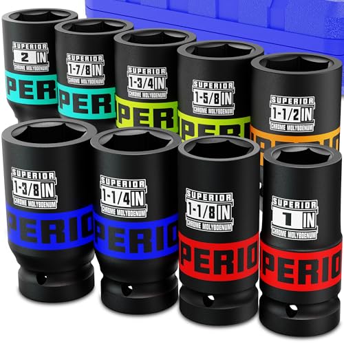 9 Piece 1" Drive Deep Impact Socket Set, 1" - 2" Jumbo Socket, SAE, 6-Point, Heavy Duty CR-MO, Truck Tire Service, Mechanical Equipment Maintance - size: 1" Jumbo SAE