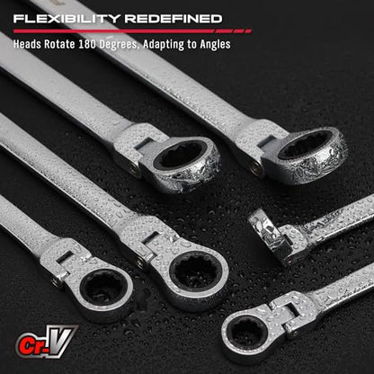 Extra Long Flex-Head Ratcheting Wrench Set, Anti-Slip 6-Piece Double Box End Wrench Set, 72-Teeth, Metric 8-19mm, CR-V Steel Wrench with Rolling Pouch - style: 6-Pc Extra-Long (Flex-Head)