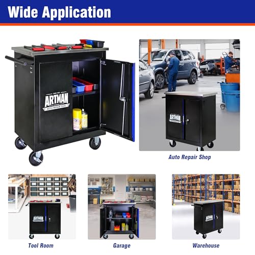 1 Cabinet Heavy Duty Rolling Tool Chest, Lockable Mobile Metal Tool Cart with Stainless Steel Worktop, Garage Tool Storage Cabinet for Workshop Auto Repair, Black & Blue, 30.7" H × 25.9" W - size: 1 Cabinet