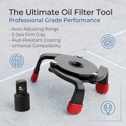 Car Oil Filter Wrench, 3-jaw Adjustable Filter Wrench with Variable Diameter Sleeve Adapter, One-way Anti-slip Steel Removal Tool, Portable Tool for Most Cars SUVs Trucks (Black)