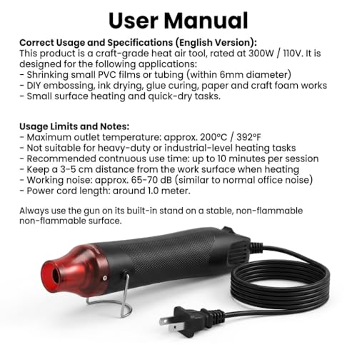 QWORK Mini Heat Gun, 300W Portable Hot Air Tool for Crafts, Epoxy Resin, Shrink Tubing & DIY, with Stand 110V